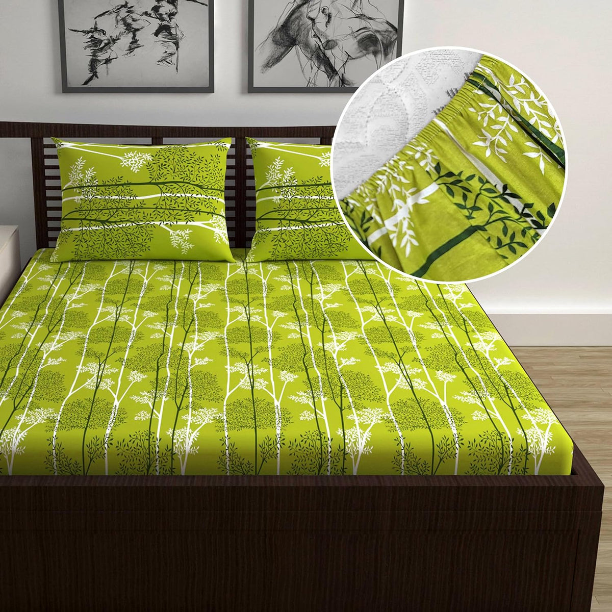 Double Bedsheet For Queen Size With 2 Pillow Covers - 60 X 78 Inches, Green & White | All Around Elastic Fitted Soft, Lightweight & Breathable Cotton Bedsheet