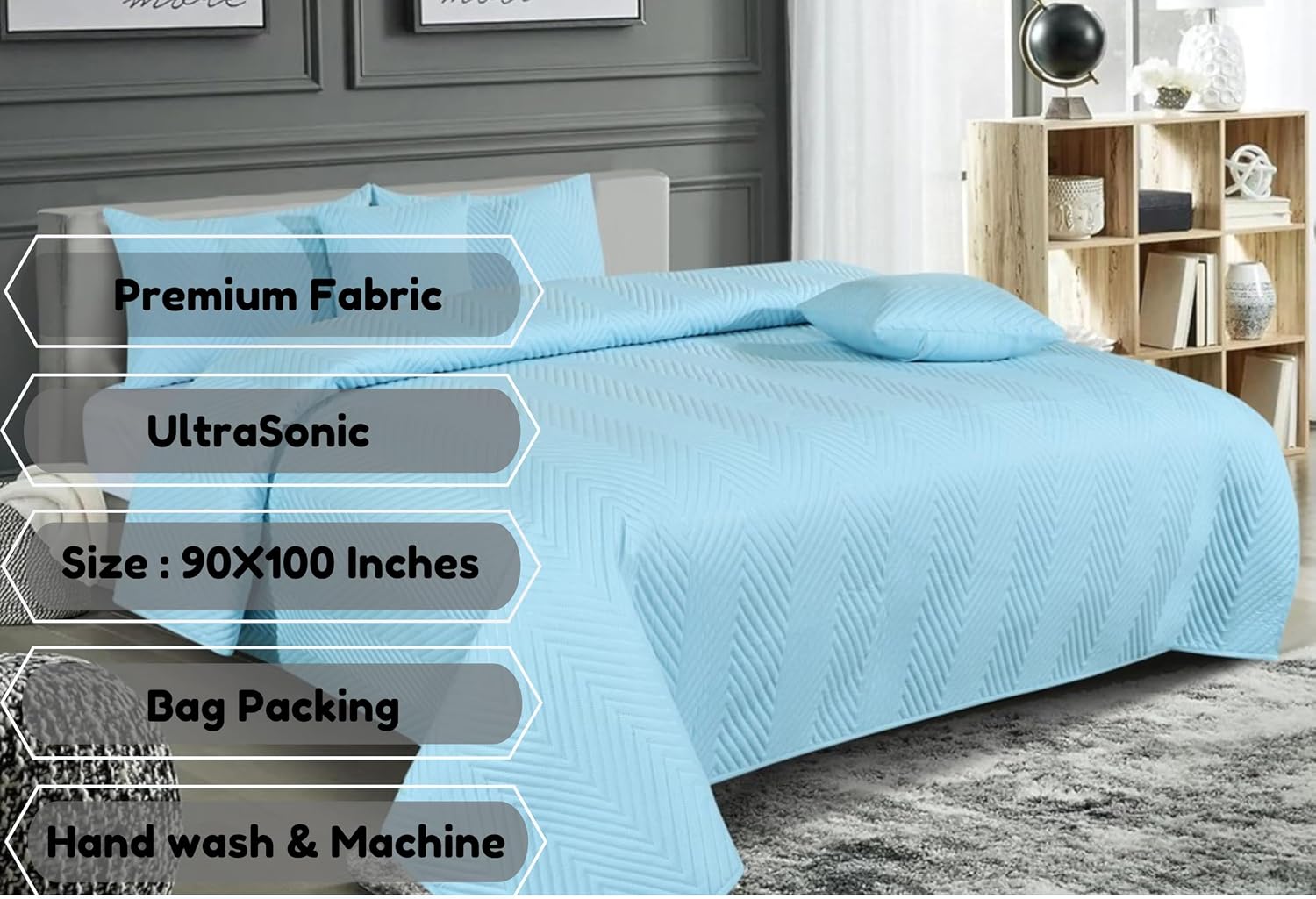 Luxurious Bedsheet For Double Bed With 2 Pillow Cover + 2 Cushion Cover - 90 X 100 Inches, Sky Blue | All Weather 5 Pcs Glace Cotton Ultrasonic TC - 280