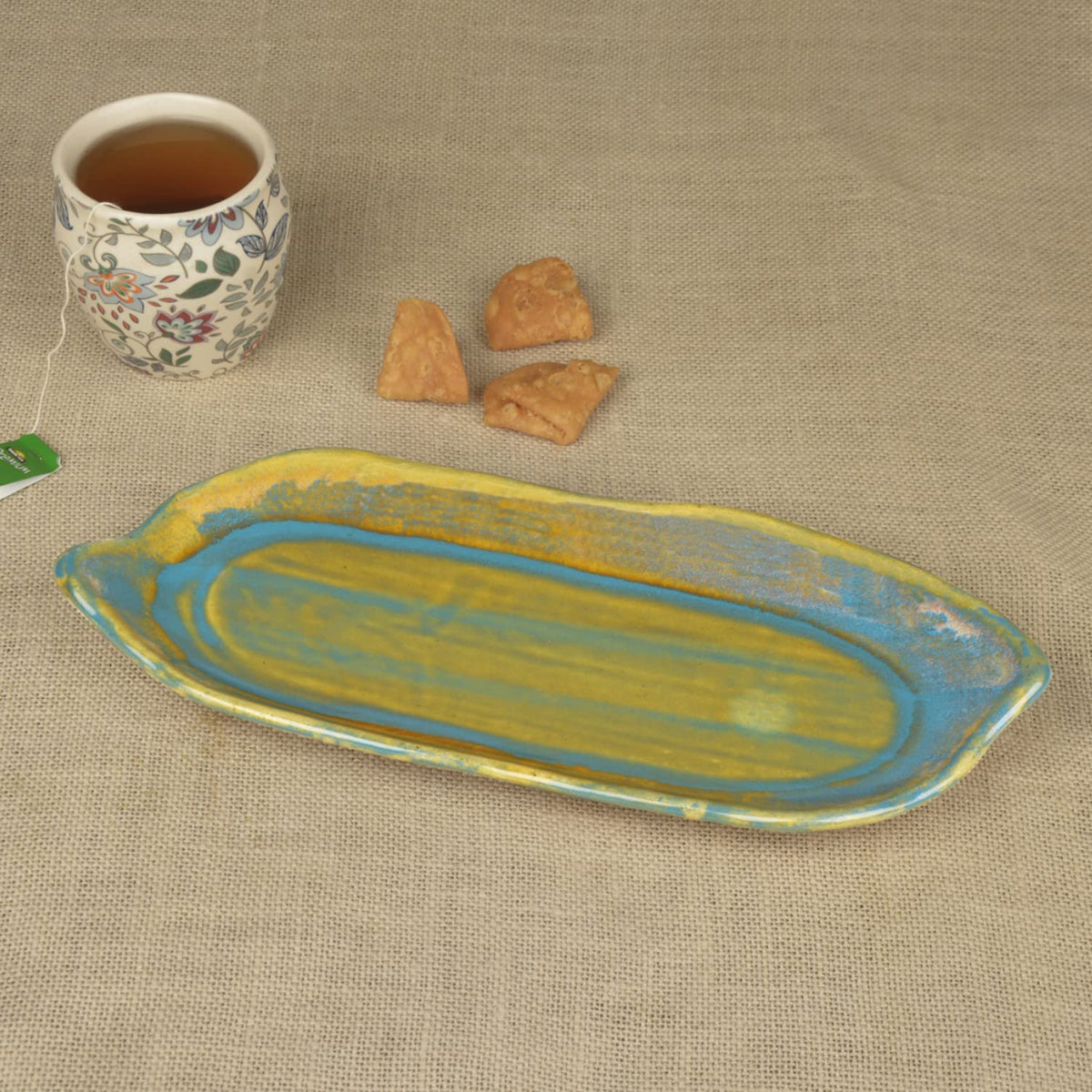 Studio Pottery Reactive Glaze Ceramic Platter - Sage Green & Blue, Length: 30 Cm, Width: 12 Cm | Starter Serving Tray