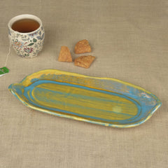 Studio Pottery Reactive Glaze Ceramic Platter - Sage Green & Blue, Length: 30 Cm, Width: 12 Cm | Starter Serving Tray