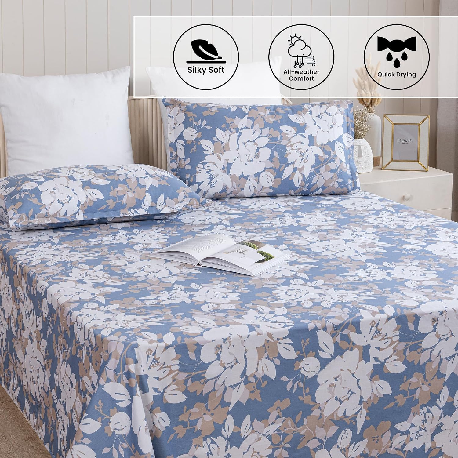 Super King Size Bedsheet With Two Pillow Covers - 108 X 108 Inches, White & Blue | Super Soft All-Season Floral Bedsheet | Home Decor & Gifting
