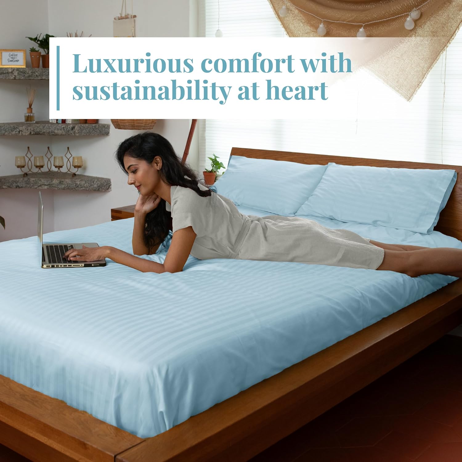 Stripe Cotton Fitted King Bedsheet With 2 Pillow Covers - 72x78 Inches, Sky Blue | 12"Deep Pocket-1 Elastic Fitted-Sateen Weave Premium Bedding Set For Double Bed