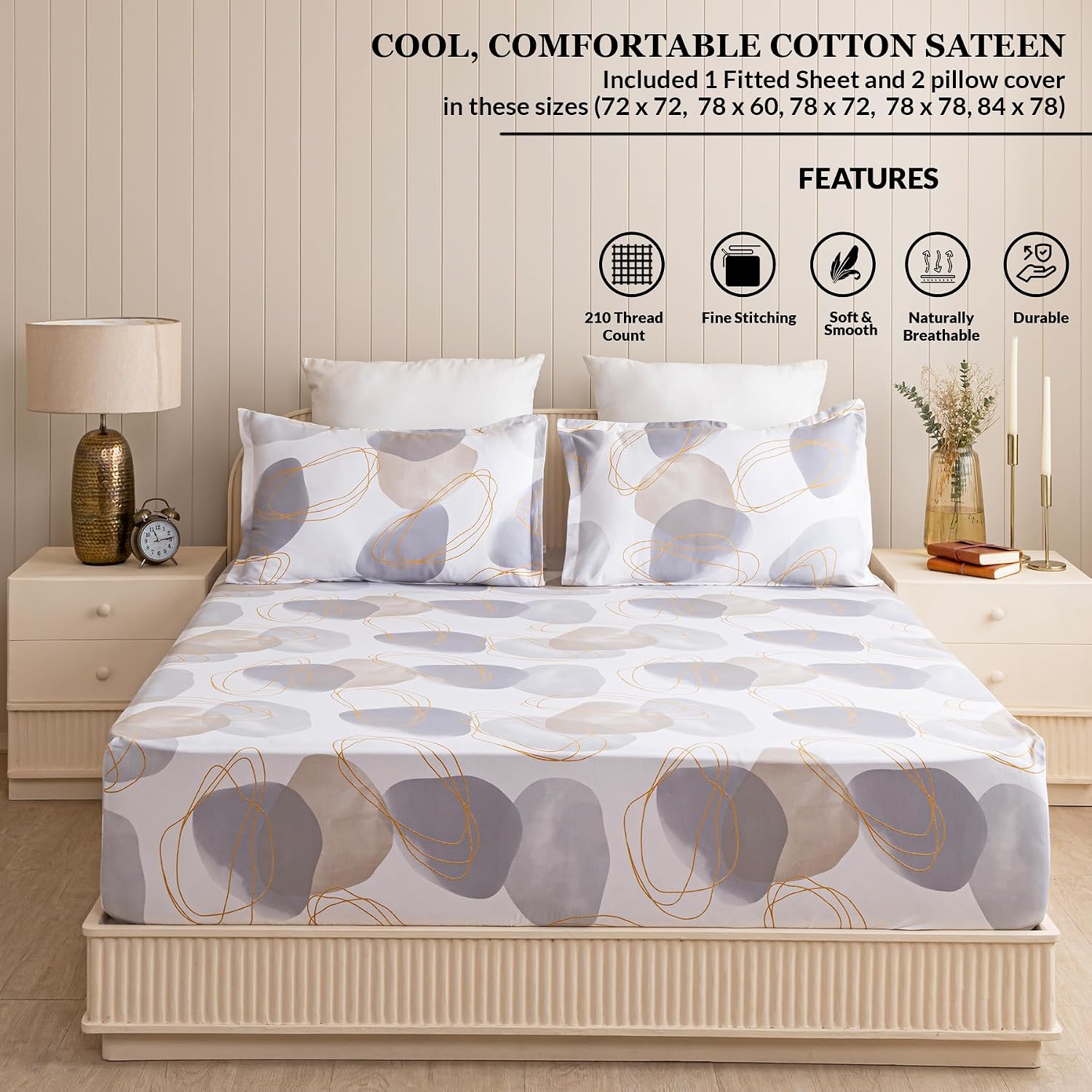 Premium Cotton Fitted Bedsheet King Size - 78 X 72 Inches With 2 Pillow Covers, Grey & White | Super Soft, Breathable & Wrinkle Free