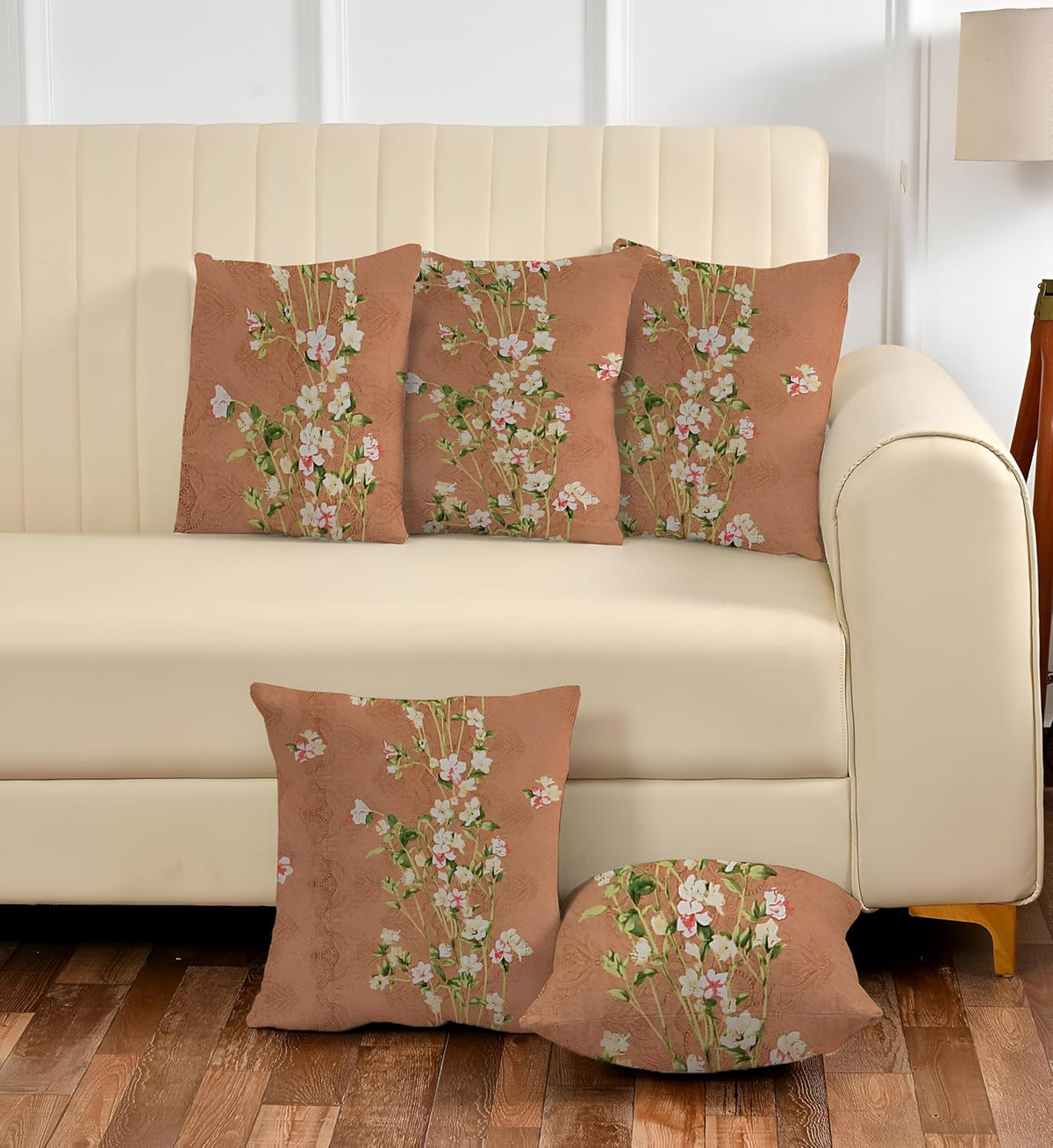 Microfiber Square Pillow Cushion For Sofa & Bed, Brown Color - 24 X 24 Inch | Flower Deigns, Soft, Comfortable Pillow, Back, Neck Support | Breathable, Removable Cover, Washable - Set Of 5