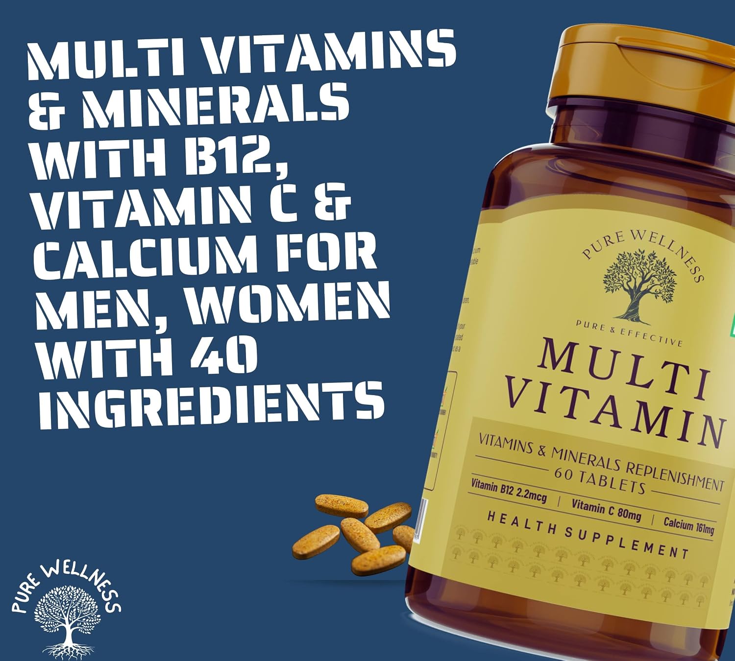 Pure Wellness Multivitamin Tablet For Men & Women, 40+ Ingredients With Potassium Vitamin C, D3 Enhanced Energy & Strength Immunity Booster & Joint Support | 60 Tablets , 100gm 0.2 Lbs