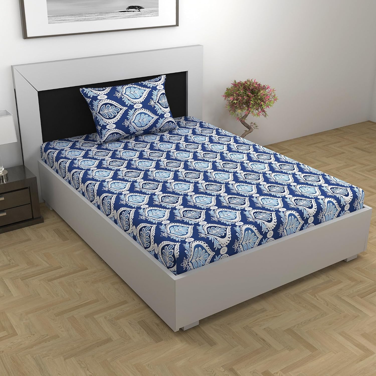 100% Cotton Single Bedsheet With 1 Matching Pillow Covers - 57 X 87 Inches, Blue & White | All Weather Comfort & Bedroom - Softness & Natural Breathability