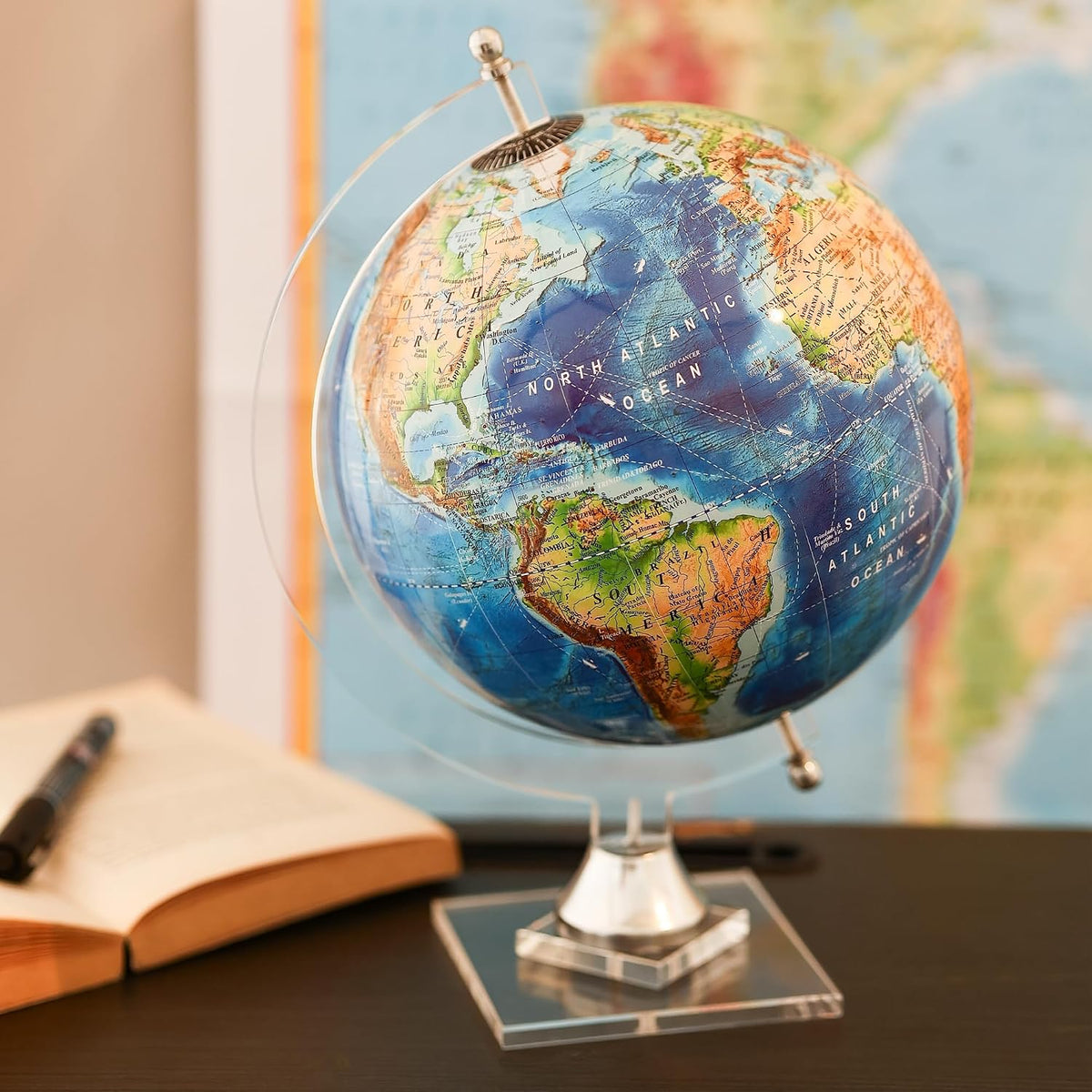 Decorative Physical Globe With Crystal Stand For Home Decor, Office Table, Gift For Boys, World Globe, For Kids & Students Learning - 8 Inches, Blue, Pack Of 1