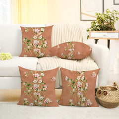 Microfiber Square Pillow Cushion For Sofa & Bed, Brown Color - 16 X 16 Inch | Printed - Flower, Soft, Comfortable Pillow, Back, Neck Support | Breathable, Removable Cover - Set Of 4