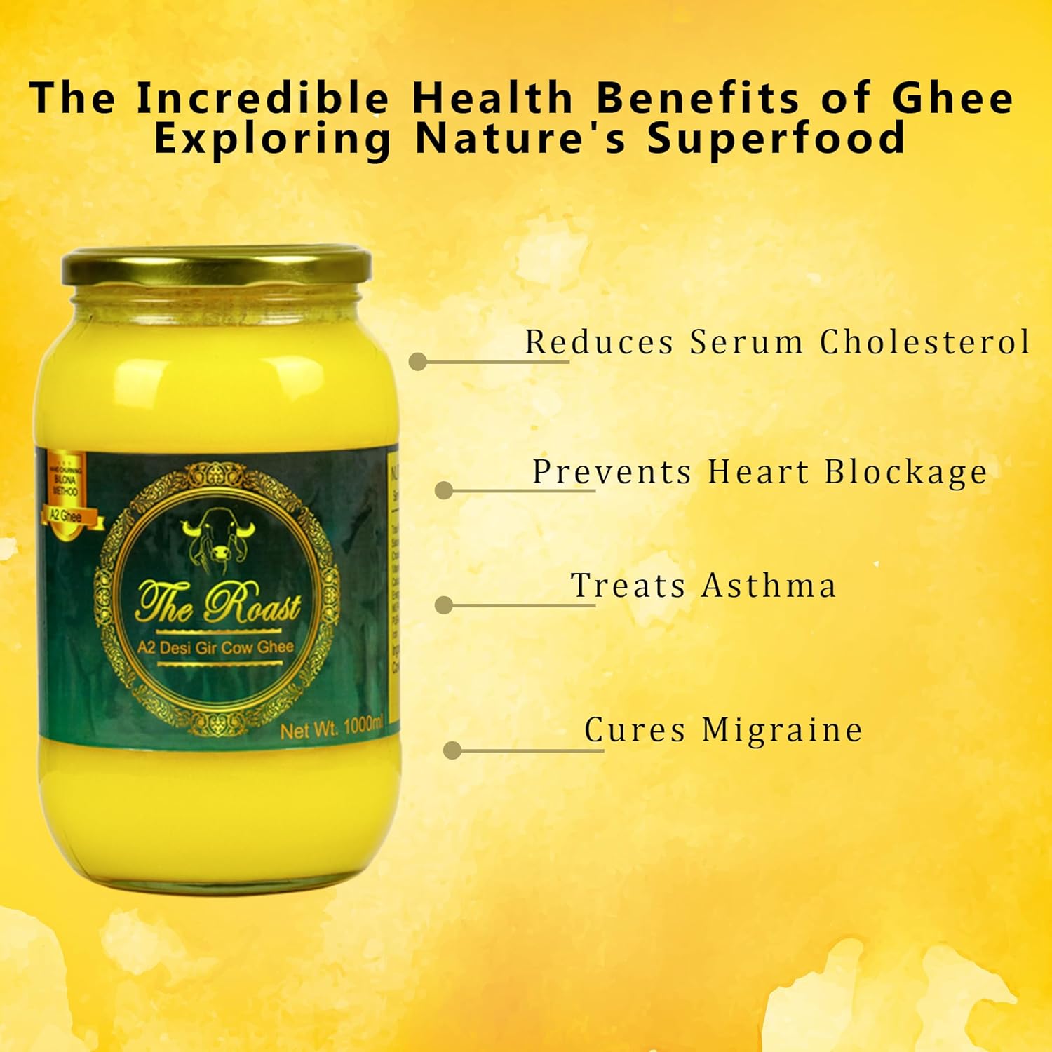 Pure A2 Desi Gir Cow Ghee By The Roast | Highly Nutritious & Healthy Desi Ghee Good For Bones Health | (500ml) 16.9 Ounce | Jar Pack