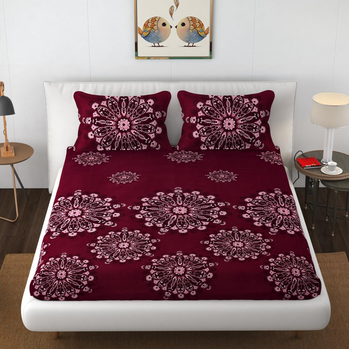 Premium Heavy Cotton Elastic Fitted Bedsheets With 2 King Size Pillow Covers | 72 X 78 Inches, Maroon - Double Bed With All Around Elastic | 350 Thread Count