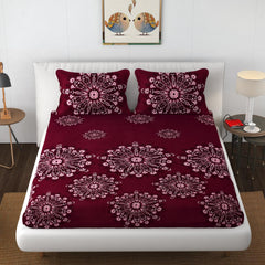 Premium Heavy Cotton Elastic Fitted Bedsheets With 2 King Size Pillow Covers | 72 X 78 Inches, Maroon - Double Bed With All Around Elastic | 350 Thread Count