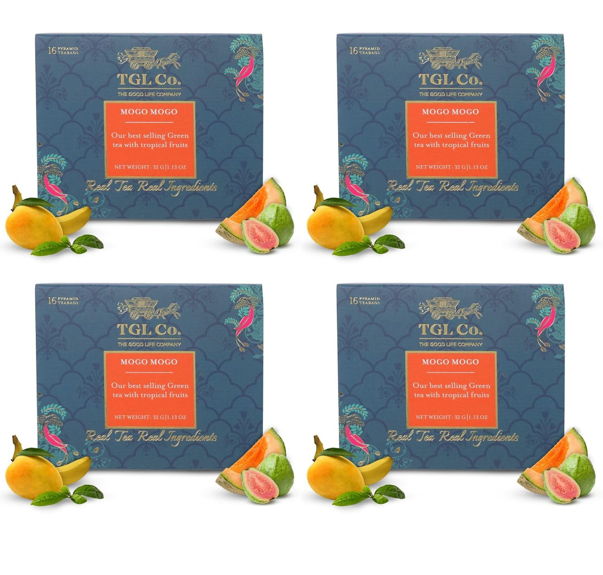 TGL Co. Mogo Mogo Green Tea - Pack Of 4 X 16 Pyramid Tea Bags, 128gm, 4.5 Ounce | Immunity Booster, Richness Of Flavors - Hot & Ice Fruit Tea | Juicy Goodness Of Mangoes - Low Caffeine