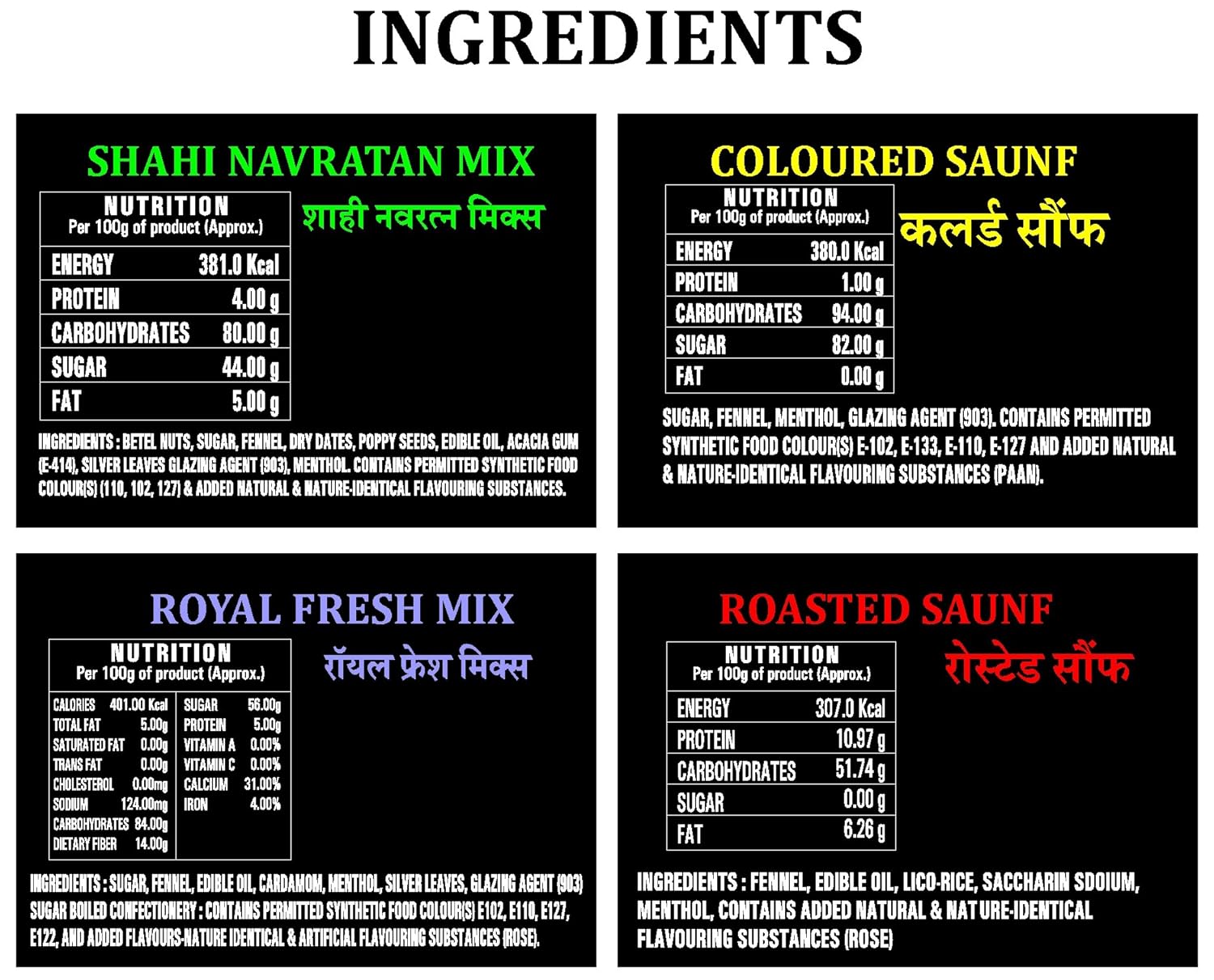 Panjon Swad Navratan Mix Mukhwas, Coloured Saunf, Royal Fresh, Roasted Saunf Pachak Candy Mouth Freshener 500gm, (125gm *4 Bottle)