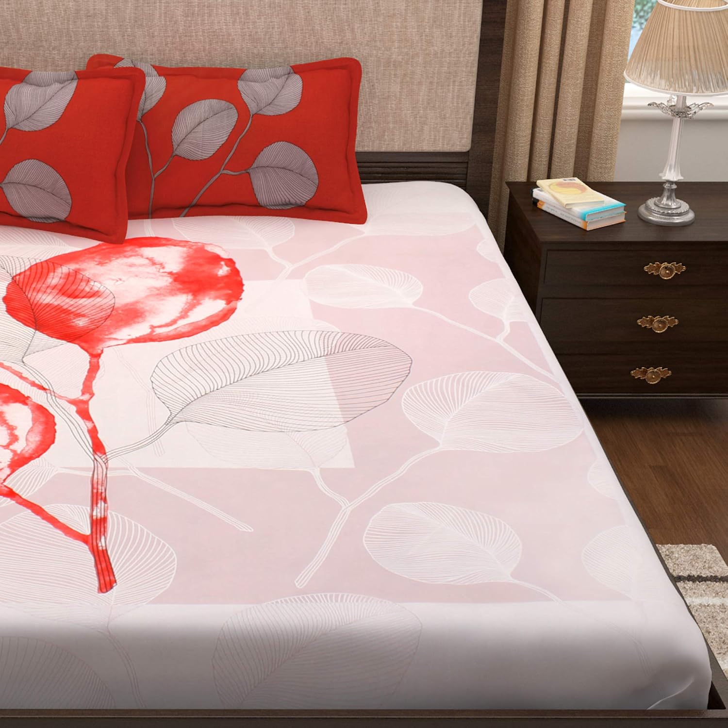 King Size Bedsheet With 2 Pillow Covers - 106 X 106 Inches, White & Red | Summer Breathable & Wrinkle Free | Bedsheet Long Lasting & Soft To Touch