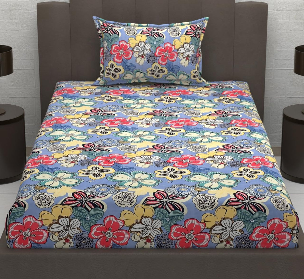 Elastic Fitted 1 Single Bedsheet With 1 Pillow Cover | 36 X 78 Inches, Multicolor - Breathable & Durable, Soft Touch & Perfect For All Seasons