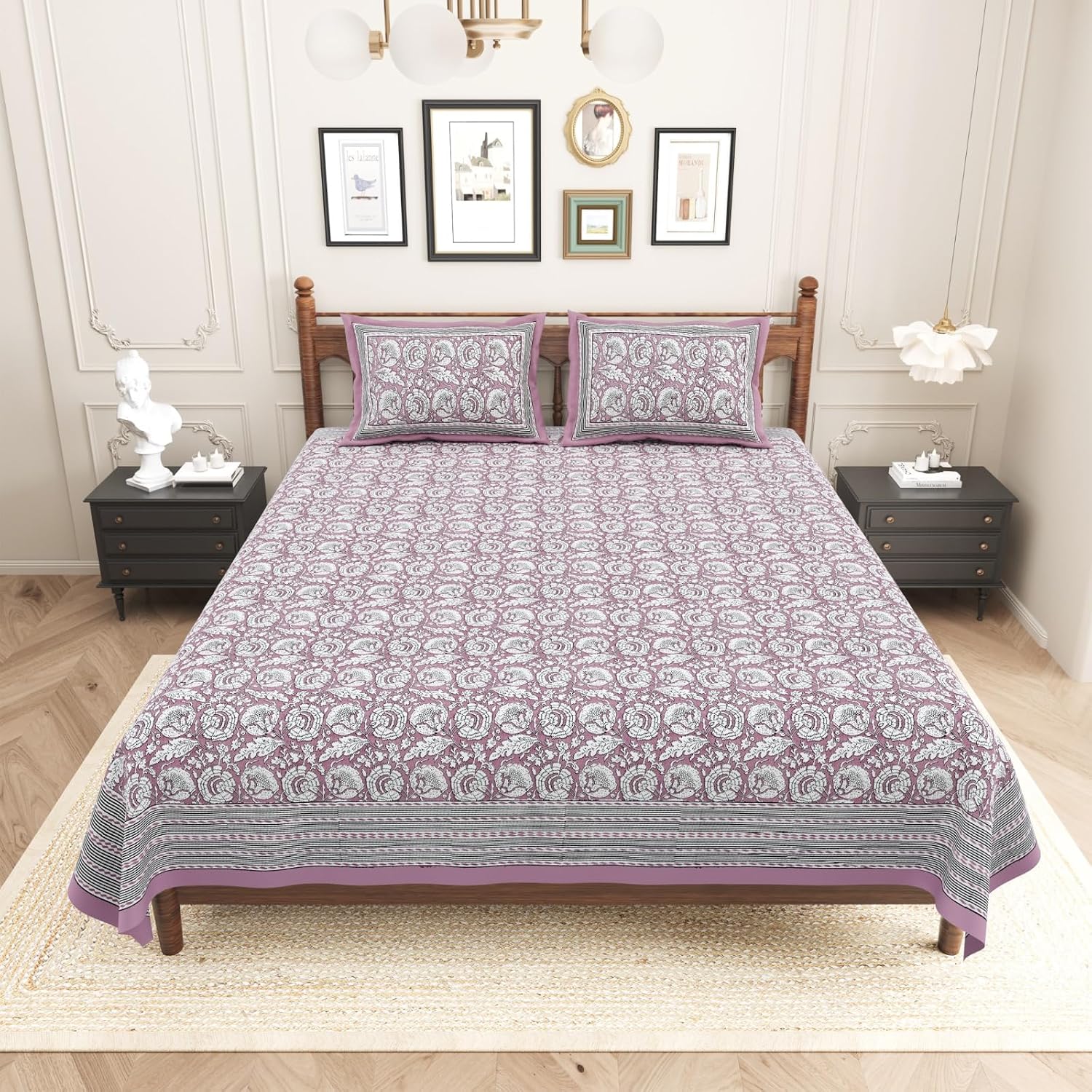 Pure Cotton King Size Bedsheet 2 Matching Pillow Covers | 100x108 Inches, Lavender & White | Traditional Jaipuri Printed Bedsheet | Ideal Wedding Gift, Housewarming, Special Occasion Surprise