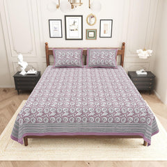 Pure Cotton King Size Bedsheet 2 Matching Pillow Covers | 100x108 Inches, Lavender & White | Traditional Jaipuri Printed Bedsheet | Ideal Wedding Gift, Housewarming, Special Occasion Surprise