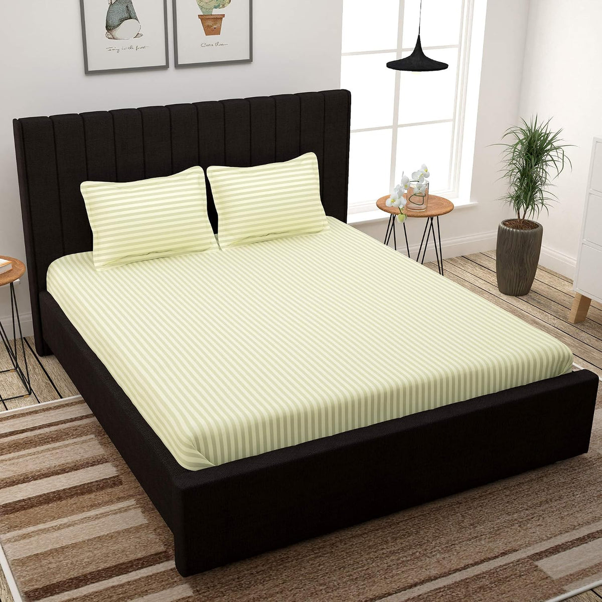 Satin Stripes King Size Cotton Bedsheet With 2 Pillow Covers - 108 X 108 Inches, Cream | Perfect For Home Decor, Guest House | Ideal For All Seasons