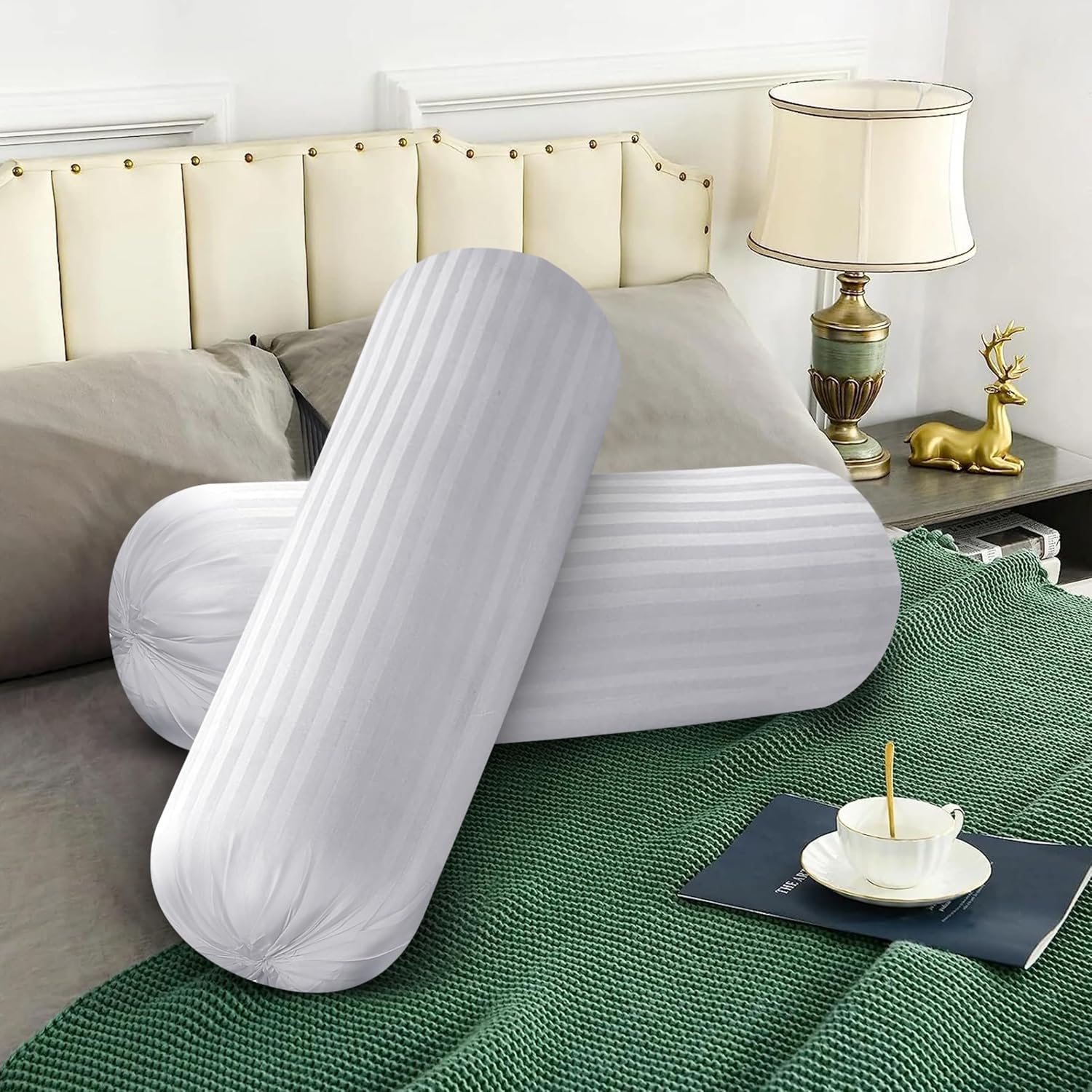 Microfiber Round Bolster Bed, Sofa, Diwan Pillow, Big Round Pillow, Size - 14x30 Inch | White, Light, Soft & Fluffy For Neck & Back Support, Neck Support, Adjustable, Washable - Set Of 2