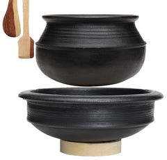 Deep Burned Uncoated Clay Handi + Pot Combo For Cooking & Serving With 2 Wooden Spatulas Complimentary Pack Of 2 - Black, 3+3 Liters | Pre-Seasoned Mud Pot - Unglazed, Double Fired, Hand Crafted