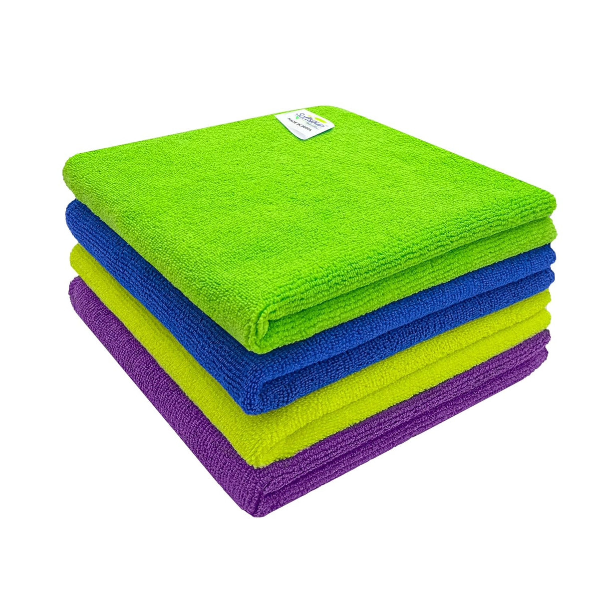 Softspun Microfiber Cleaning Cloths 450 Gsm | Highly Absorbent, Lint & Streak Free, Multi -Purpose Wash Cloth For Kitchen, Car, Window, Stainless Steel (4 Pcs)- Multi-Colour