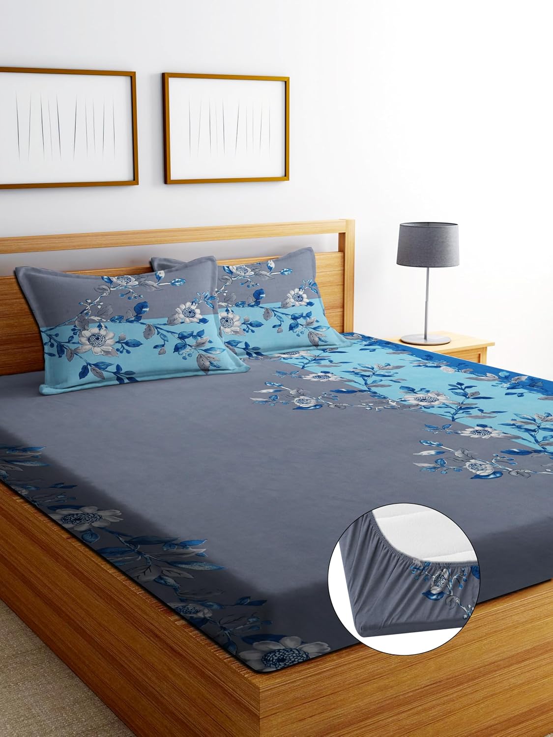 1 Bedsheet King Size 2 Matching Pillow Covers - 72 X 780 Inches, Grey & Blue | All Around Elastic Soft & Durable Bedding For Bedroom - Lightweight Perfect For All Seasons