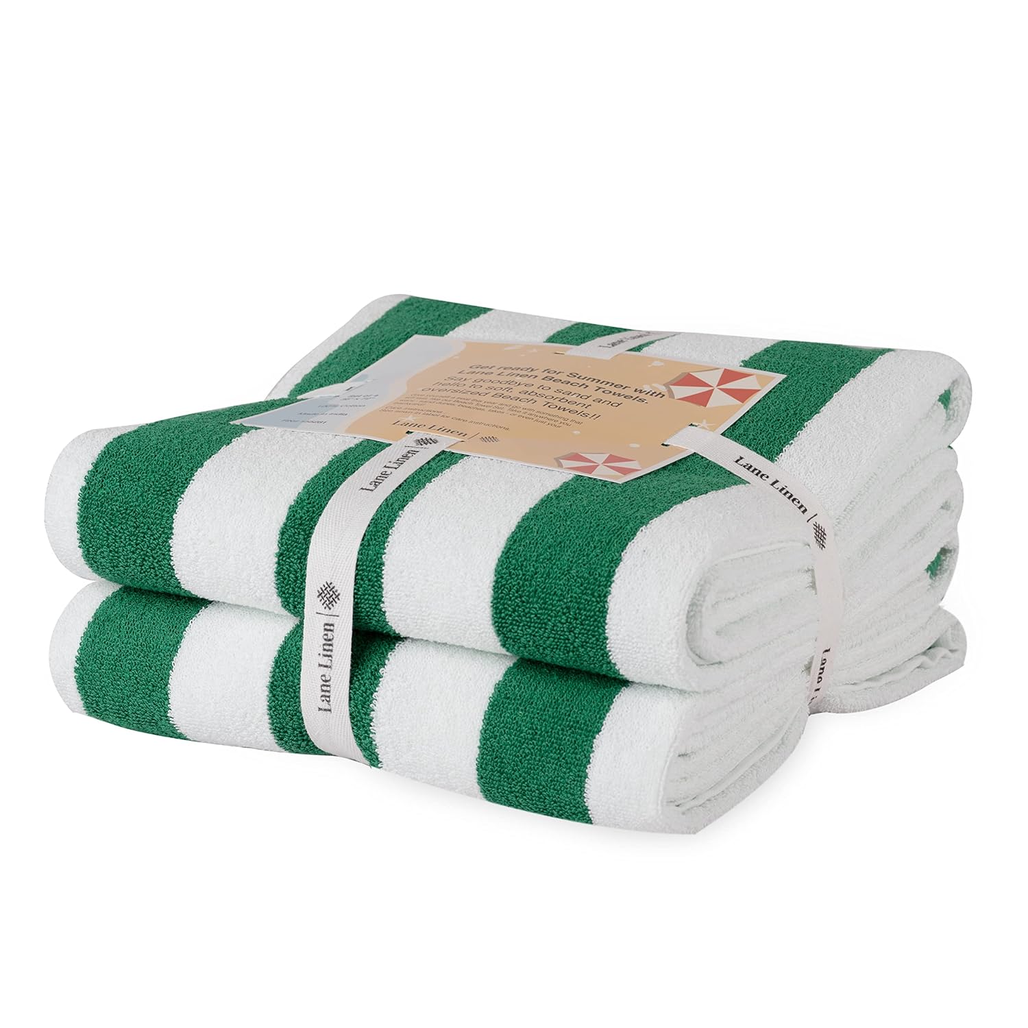 Lane Linen 100% Cotton Large Bath Towels 1000 Gsm | Cabana Stripe Bathroom Towels | Highly Absorbent, Soft & Quick Dry Towels - Green (Pack Of 2)