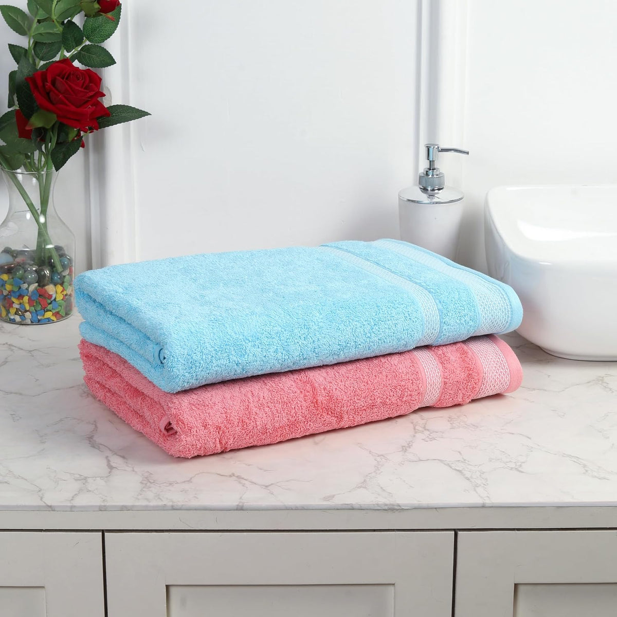 Mafatlal Bath Towels 1100 Gsm | Large Size Towel For Men & Women Daffodil Series (Blue & Pink) - Pack Of 2
