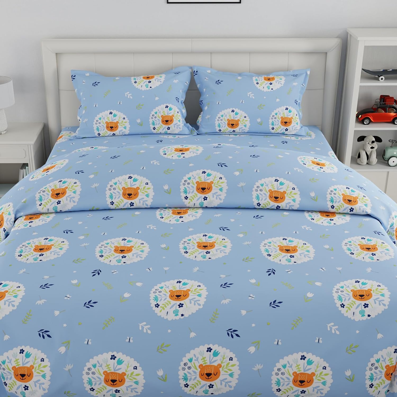 Kids Bedsheet For King Bed Cotton With 2 Pillow Covers - 108 X 108 Inches, Blue & White | 210 TC Super Soft, Wrinkle Free & Long Lasting