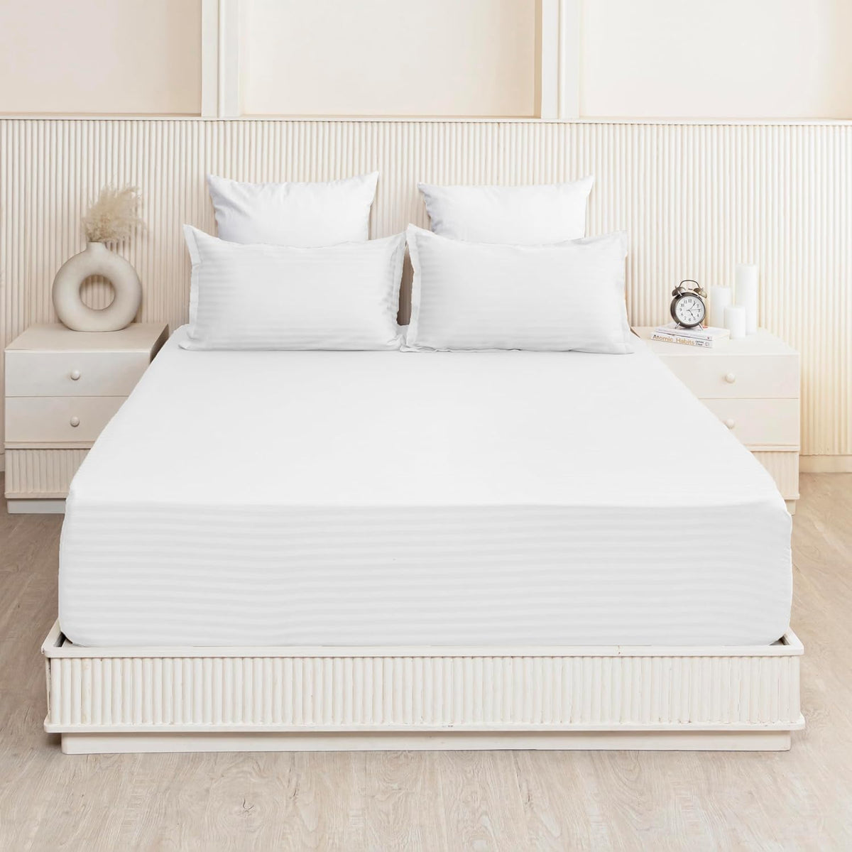 210 TC Cotton Double Bed Fitted Bedsheets With 2 Pillow Cases - 78 X 72 Inches, White | Satin Stripes Wrinkle Free | Comfortable Fabric Bedsheet