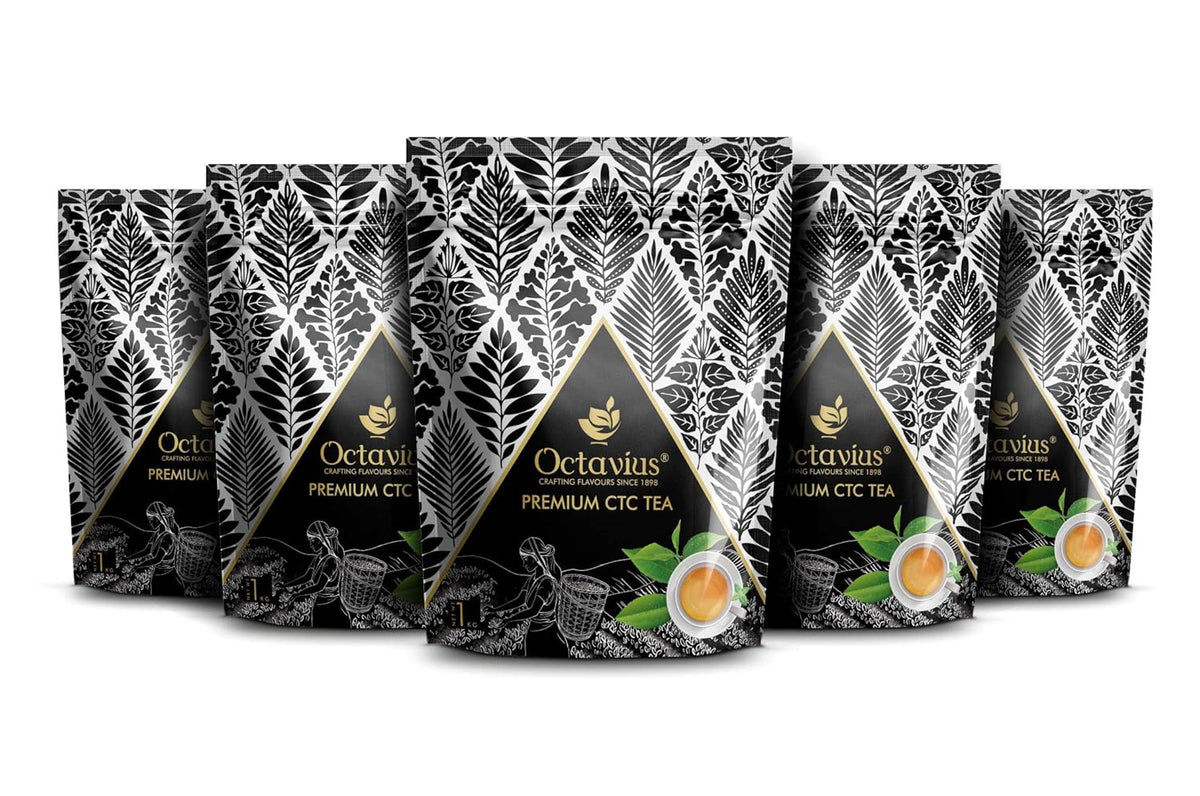 Octavius Premium CTC Assam Tea - Pack Of 5 X 1 Kg, 35.2 Ounce Each | Garden Fresh Extra Strong Assam Tea - Kadak Chai Patti | Medium Caffeine Strong Chai Patti