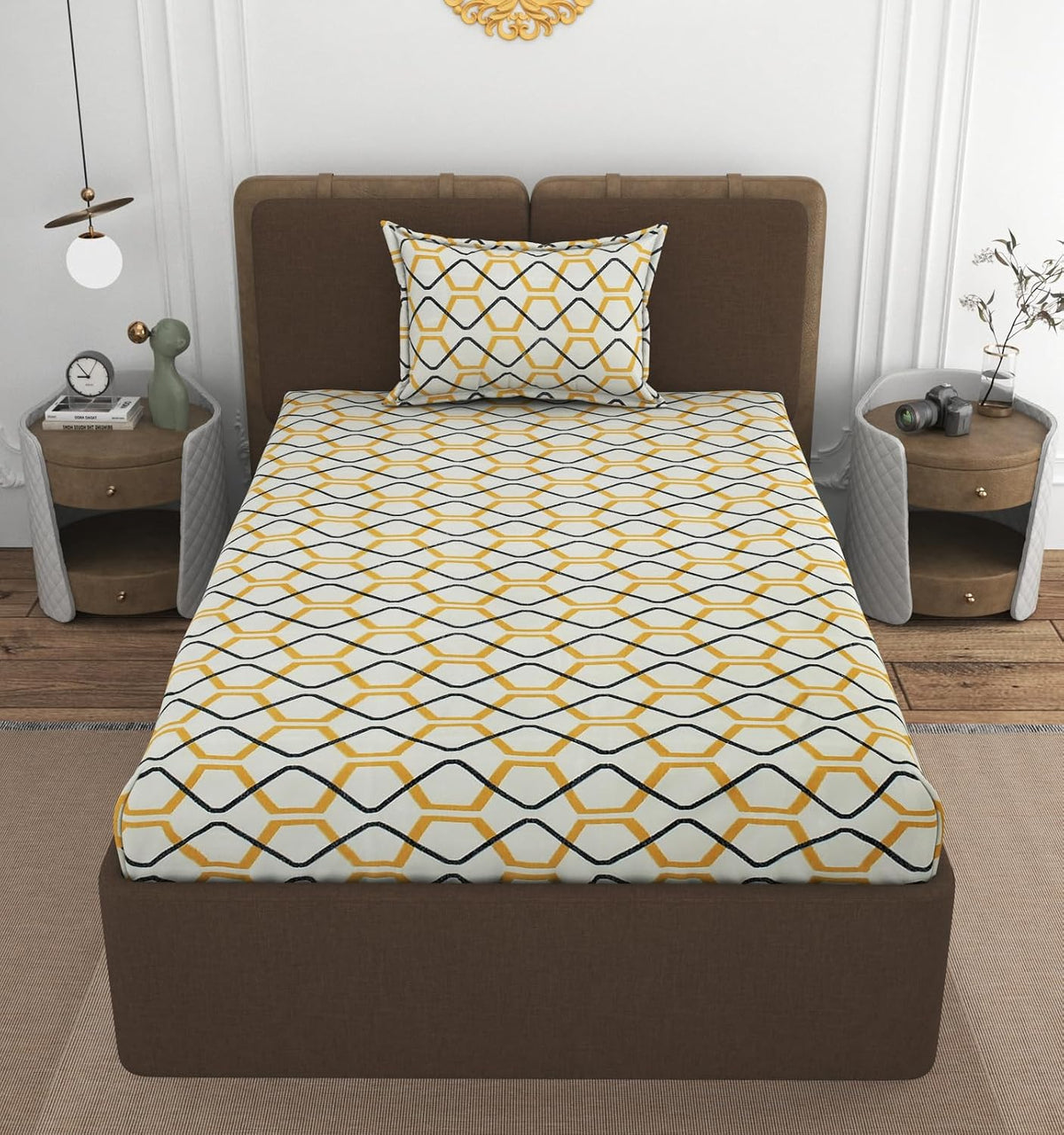 1 Single Bedsheet With 1 Pillow Cover - All Around Elastic Fitted | 100% Premium Fabric Is Lightweight, Soft & Comfortable | Size 36 X 72 X 8 Inches, White & Yellow