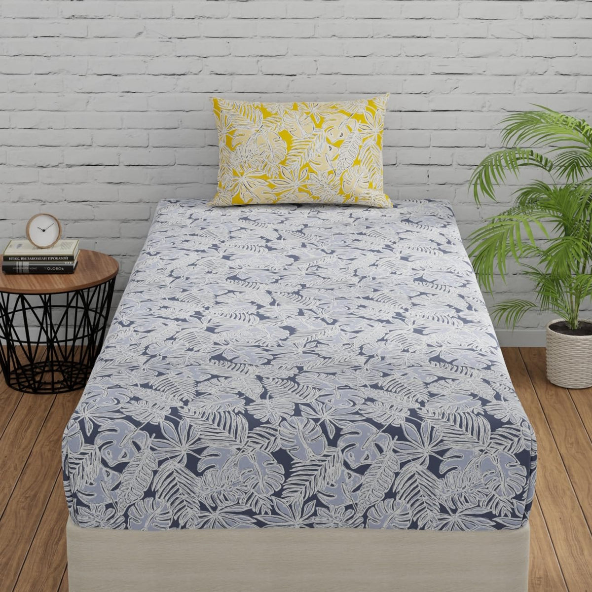 Grey & Yellow Single Size Bedsheet With 1 Pillow Covers - 55 X 88 Inches | Cotton Bed Sheets Are Easy To Wash And Maintain At Home