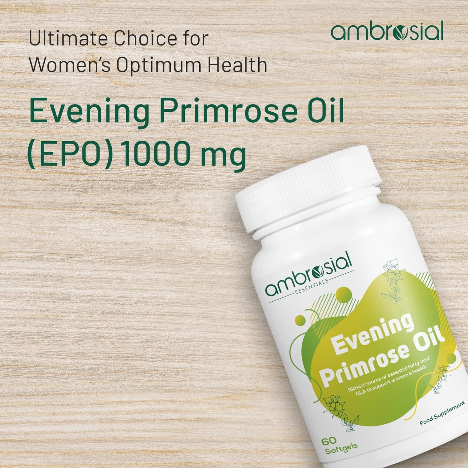 Ambrosial Evening Primrose Oil Epo 1000mg Rich Source Of Omega 6 & Gla | Non - Gmo, Gluten Free No Artificial Preservatives | 60 Softgels 100gm 0.2lbs