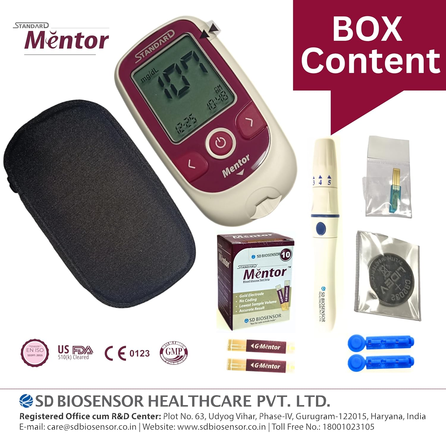 Standard Mentor Digital Blood Glucose Meter For Self Diabetes Testing Monitor Machine With 10 Strips & Complete Medical Device Kit - Glucometer