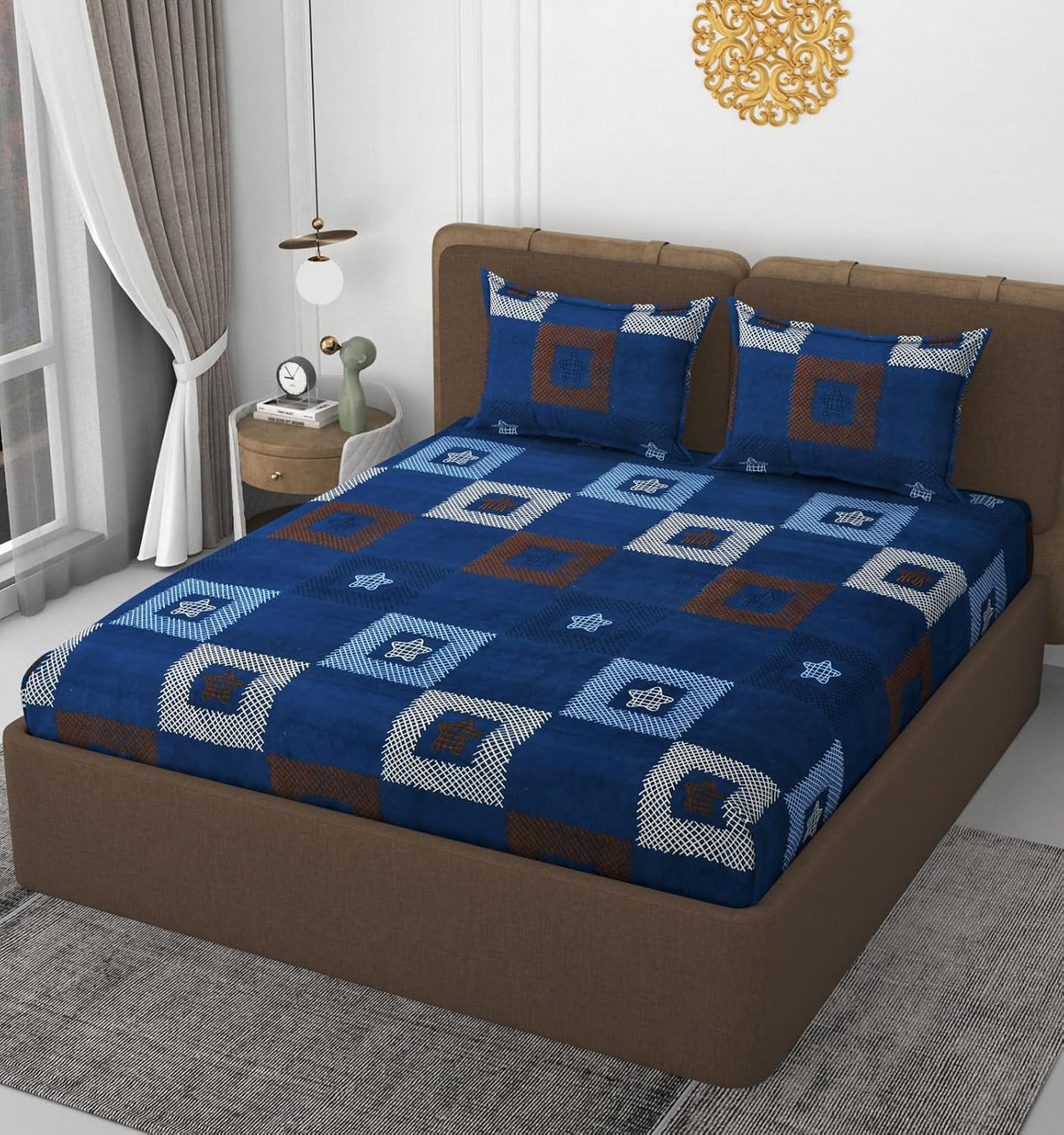 Queen Size Double Bedsheets With 2 Pillow Cover - Size 60 X 78 X 10 Inches, Dark Blue | All Around Elastic Fitted - Lightweight, Soft & Comfortable