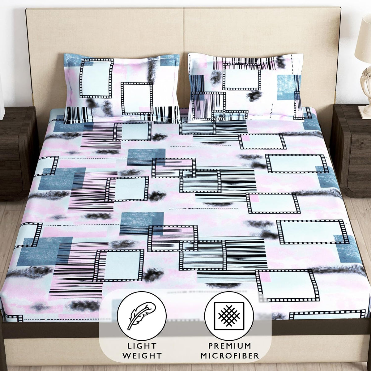 Queen Size Bedsheet With 2 Matching Pillow Covers - 60 X 72 Inches, Multicolor | All Around Elastic Fitted Breathable & Soft Touch Bedsheet