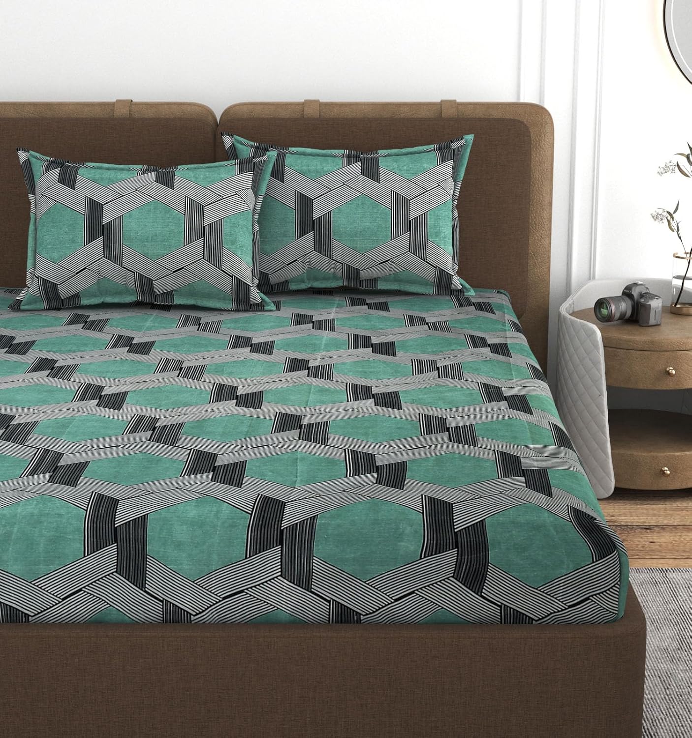 All Around Elastic Fitted Bedsheets King Size With 2 Pillow Covers | Double Size 72 X 78 X 10 Inches, Grey & Green - Ideal For Hotel, House, Bedroom, Guest House