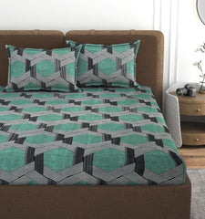 1 Double Bedsheet With 2 Pillow Covers Size 60 X 78 X 8 Inches, Green & Grey | Cotton Feel All Around Elastic Fitted - Queen Size Bedsheets, Super Soft