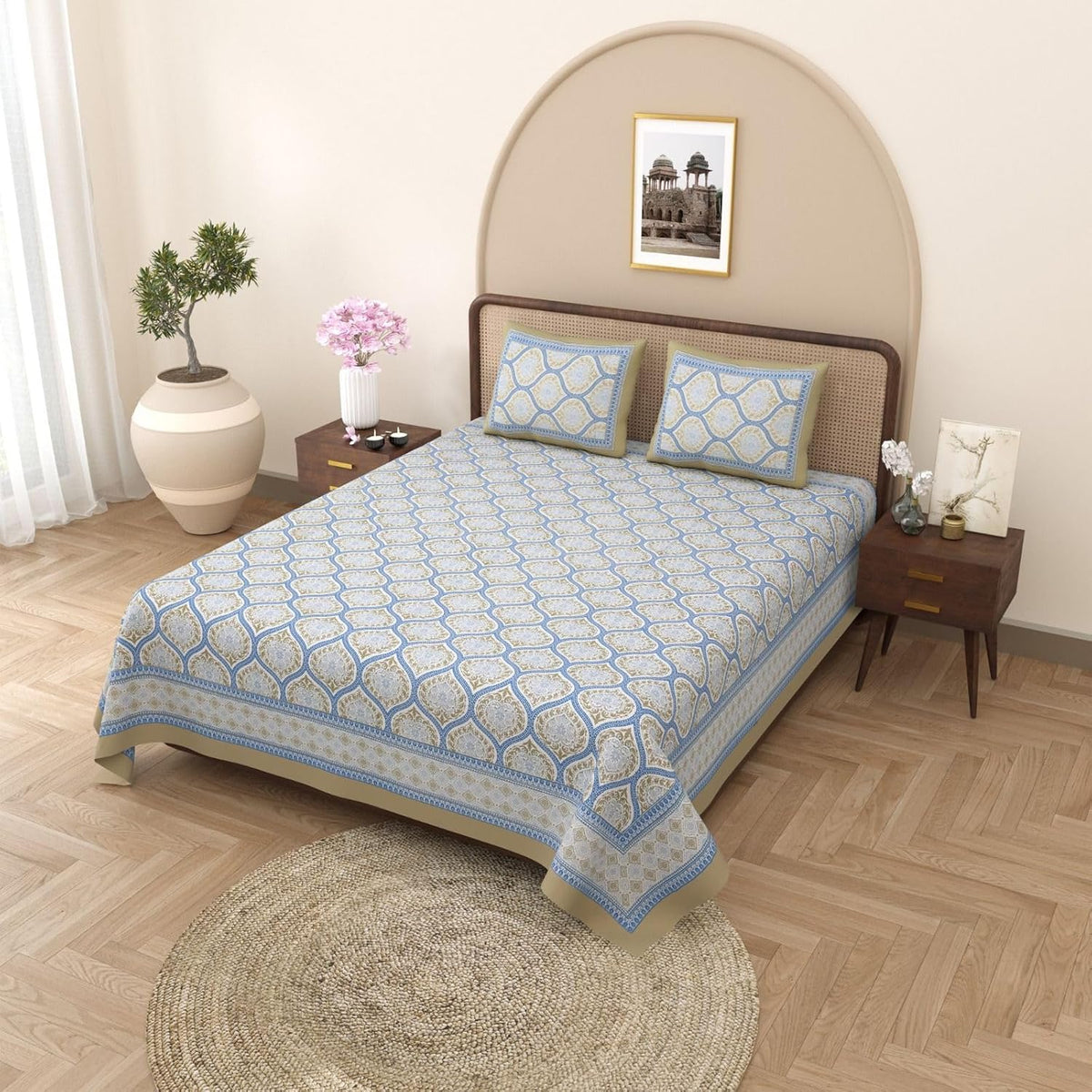 King Size Bedsheet With 2 Pillow Cover - 90 X 108 Inches, Brown & Blue | Light Weight & Easy To Wash At Home | Resistant For An All-Season Use