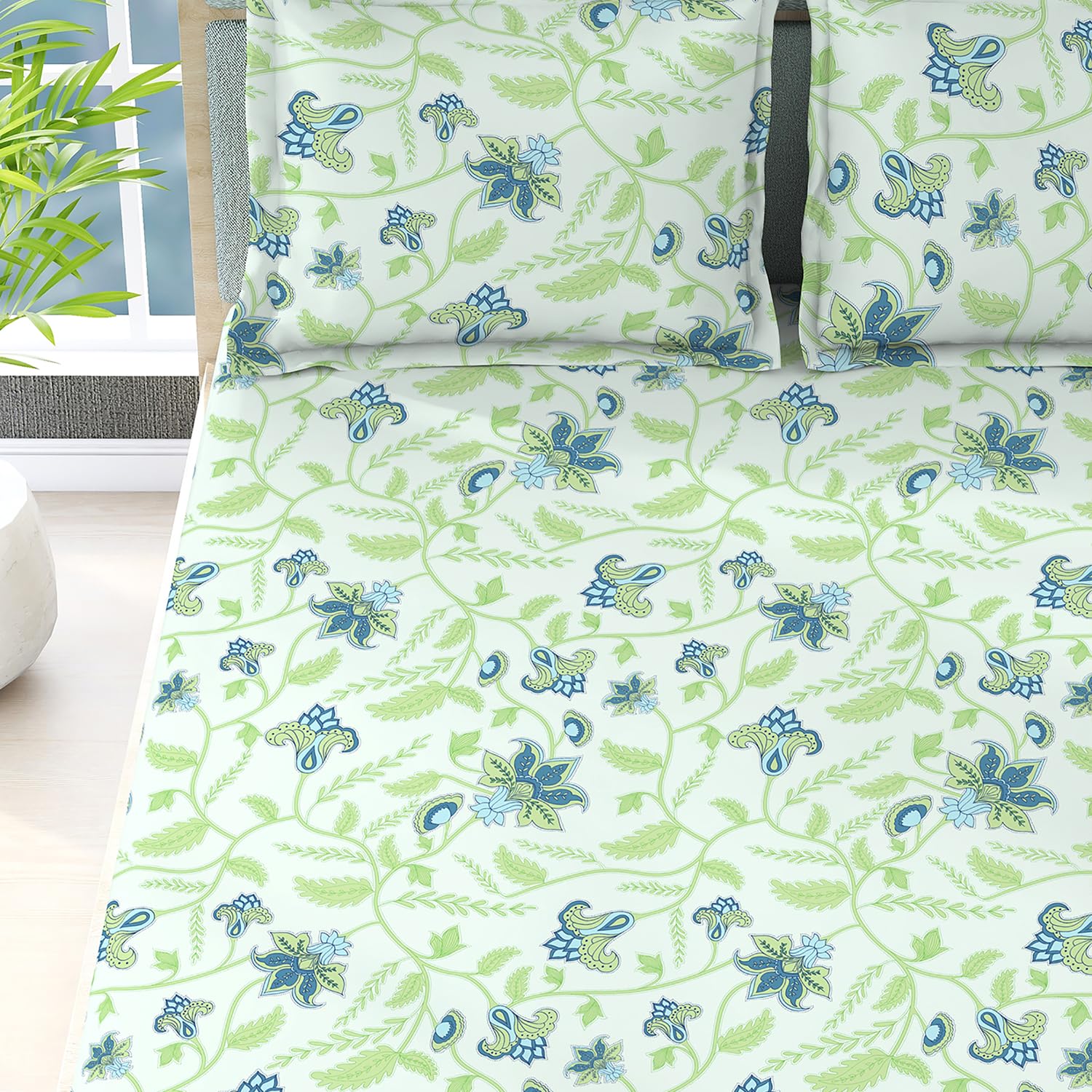 Cotton Bedsheet For King Size With Pillow Cover Set - 108x108 Inches, Green | Breathable & Light Weight, All Season Comfort-Ideal For Daily Use & Gifting Bedsheet