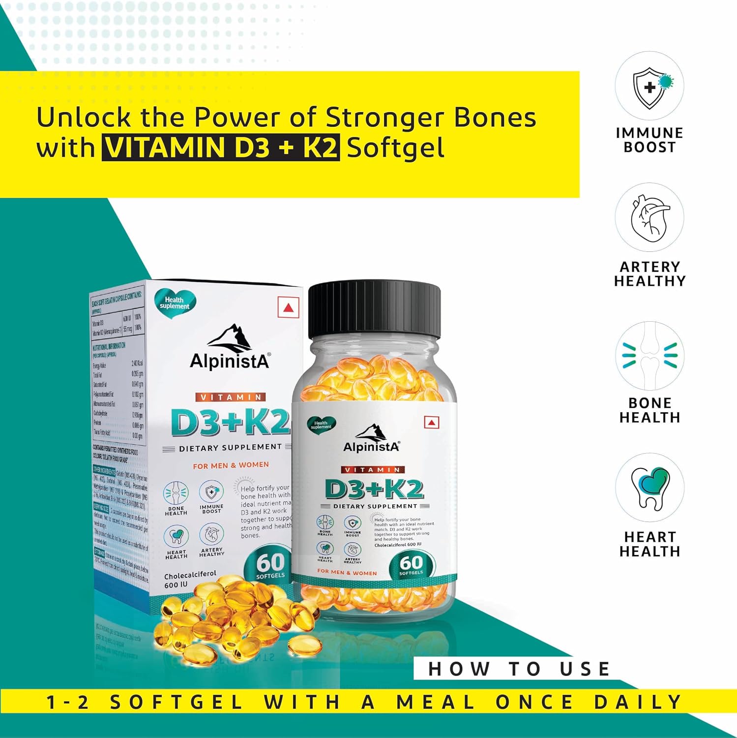 Alpinista Vitamin D3 + K2 Mk7 Menaquinone Supplement , Bone Health & Immune Support | Promotes Calcium Absorption, Muscle Strength , For Men And Women | 60 Capsules , 100gm 0.2lbs , Each Pack Of 2