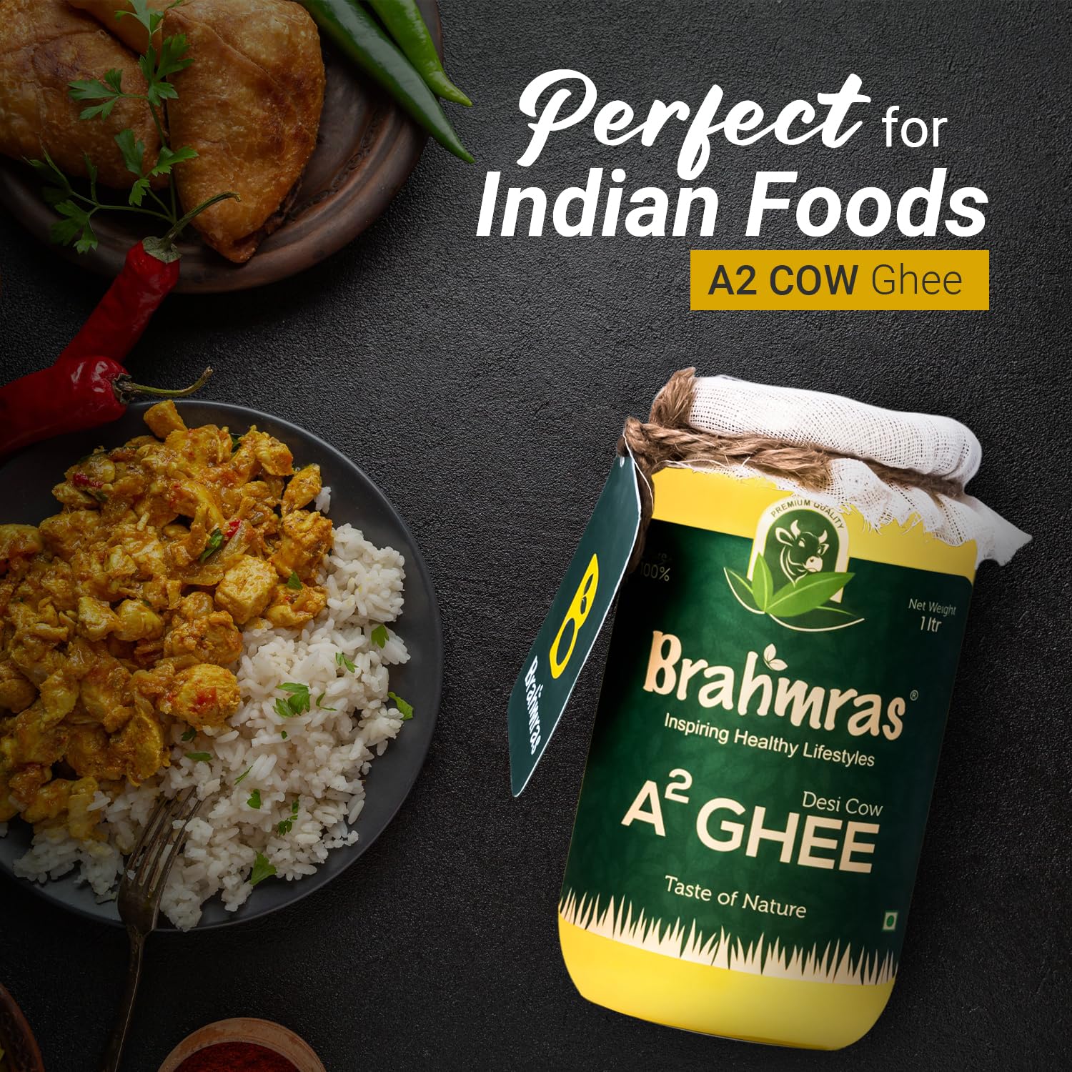 Natural Premium A2 Cow Ghee By Brahmras | Rich In Vitamins Using Traditional Bilona Method Cow Ghee Good For Baking & Frying | (1 Litr) 33.8 Ounce | Jar Pack