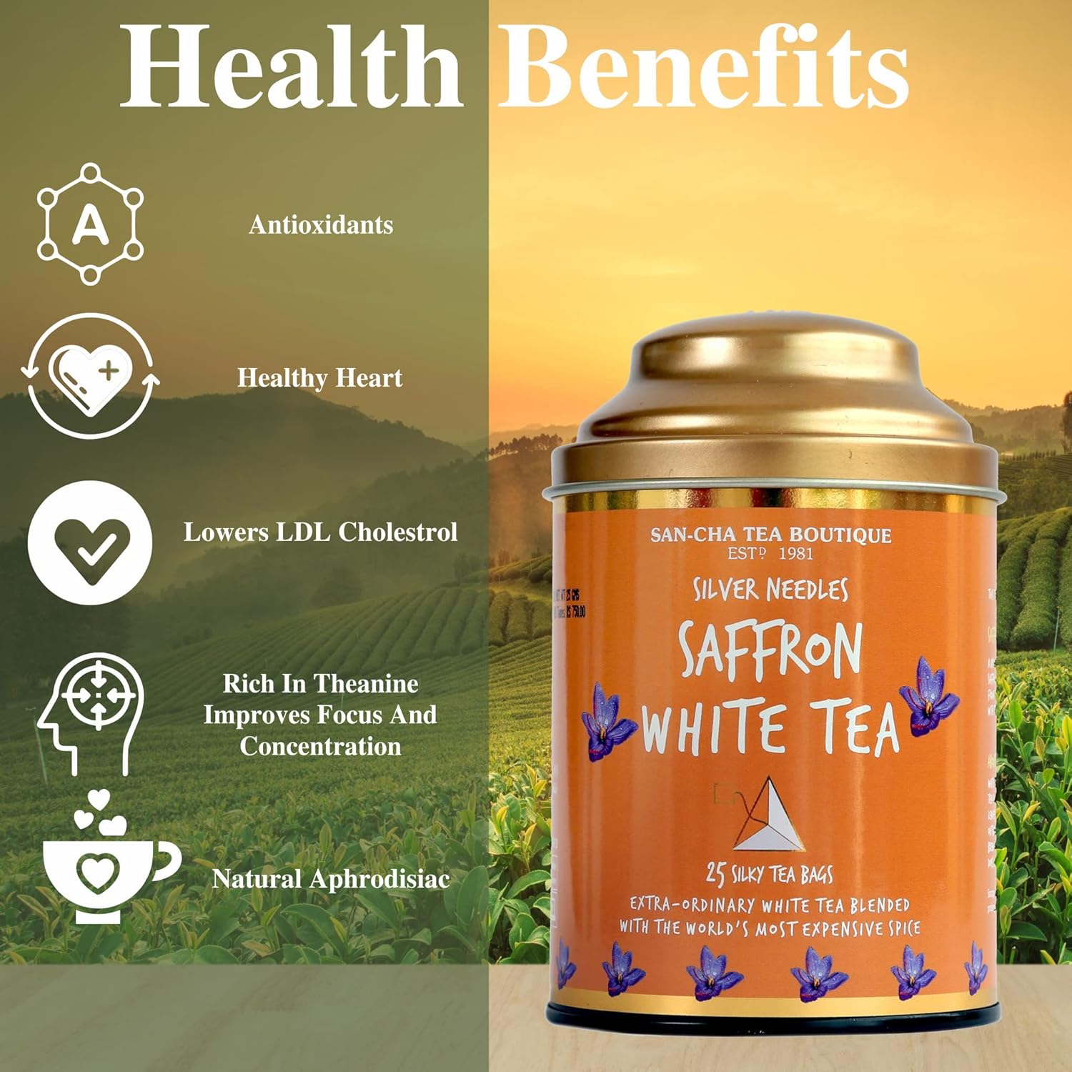 San-Cha Silver Needles Saffron White Tea - 25gm, 0.8 Ounce, 25 Silky Tea Bags | Promotes Healthy & Glowing Skin - Low Caffeine, Richest In Antioxidants