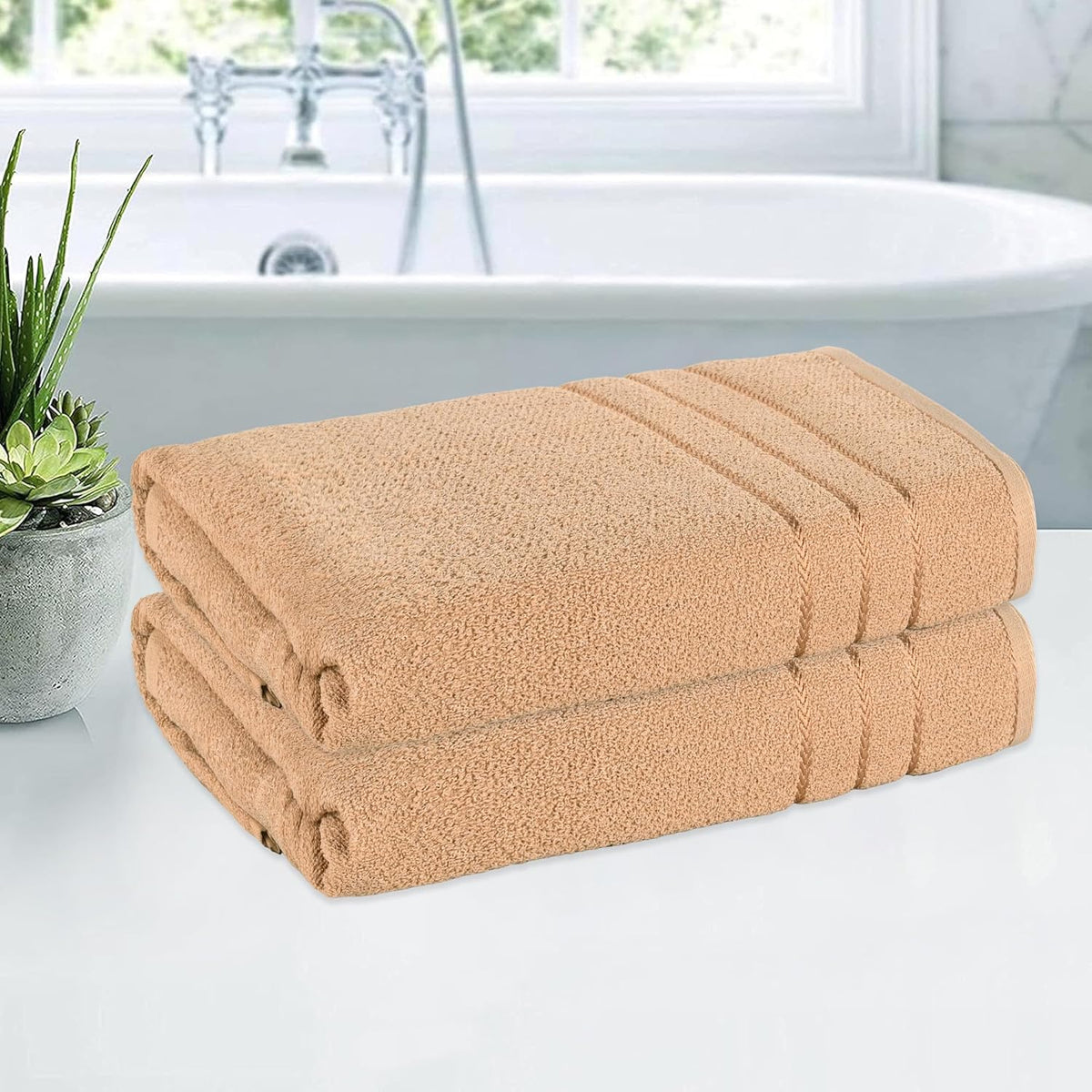 Kuber Industries Bath Towel 900 Gsm | Towel For Bath, Gym, Travel & Beach | Plain Lining (Light Brown)- Pack Of 2