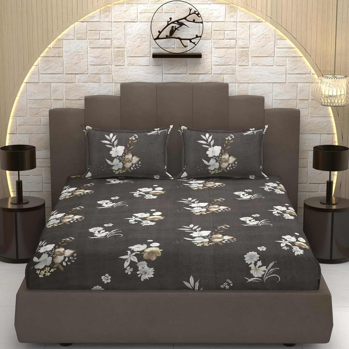 Glace Cotton Elastic Fitted Bedsheet For Queen Size With 2 Pillow Covers | 78 X 60 Inches, Grey Floral Design | Soft Cotton Feel, Wrinkle-Free, Breathable