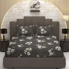 Glace Cotton Elastic Fitted Bedsheet For Queen Size With 2 Pillow Covers | 78 X 60 Inches, Grey Floral Design | Soft Cotton Feel, Wrinkle-Free, Breathable