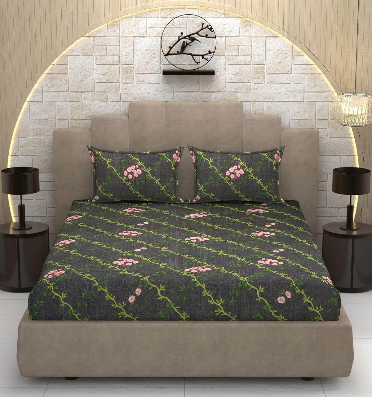 Bedsheet For Queen Size Bed With 2 Pillow Covers - 90 X 100 Inches, Dark Grey & Green | Soft, Breathable, Wrinkle Free & Fade Resistant
