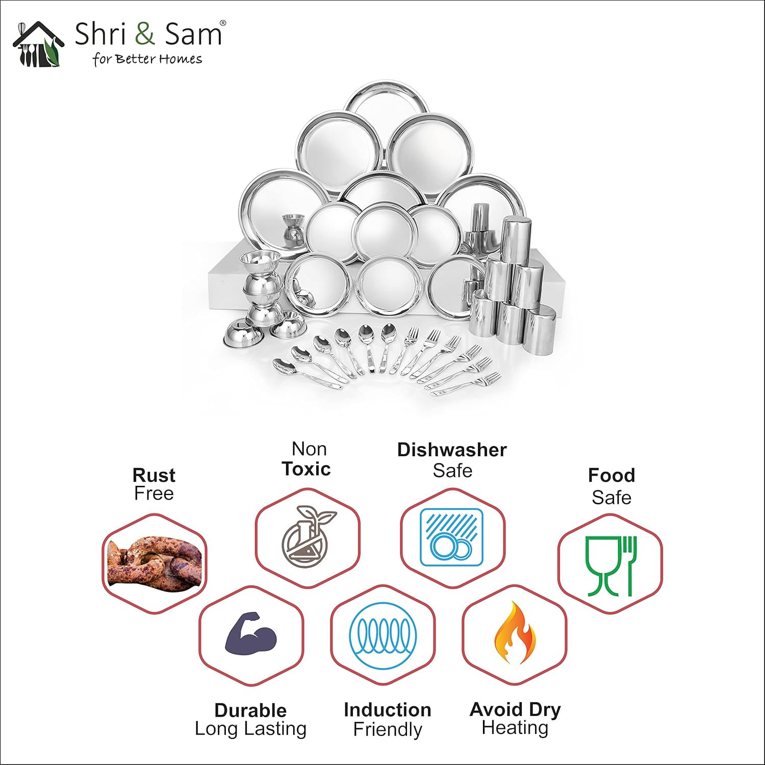 Stainless Steel Delight Solid Dinner Set Of 36 Pieces, Silver | 6 Dinner Plates+ 6 Side Plates+ 6 Glasses+ 6 Bowls+ 6 Dessert Spoons+ 6 Dessert Fork - Easy To Clean & Dishwasher Safe