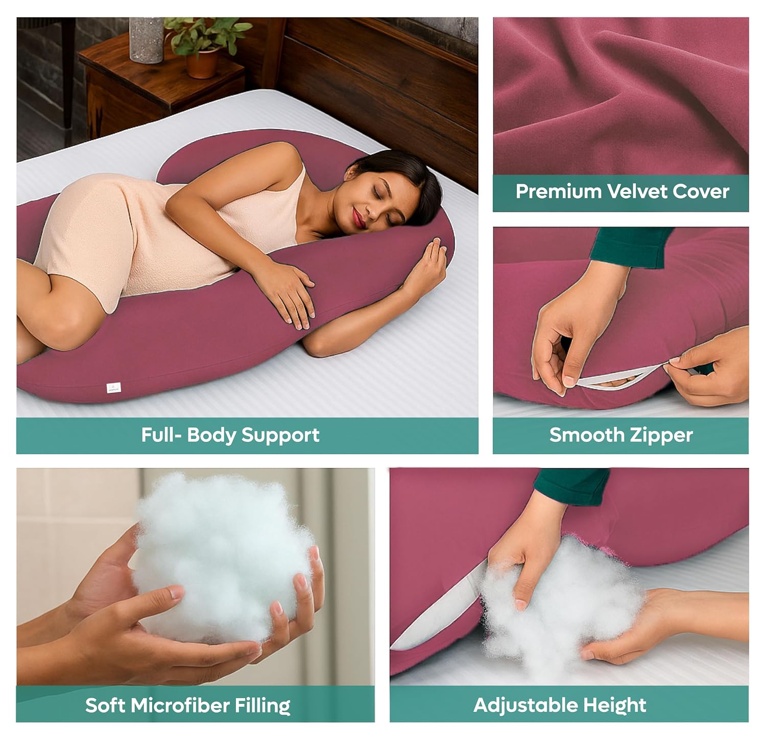 C Shape Pregnancy Pillows For Sleeping, Maternity Support, Soft Pillow, Pink | Multipurpose Pillow For Back, Hips, Legs, Belly Support With Removable Washable Velvet Cover, Full Body Support